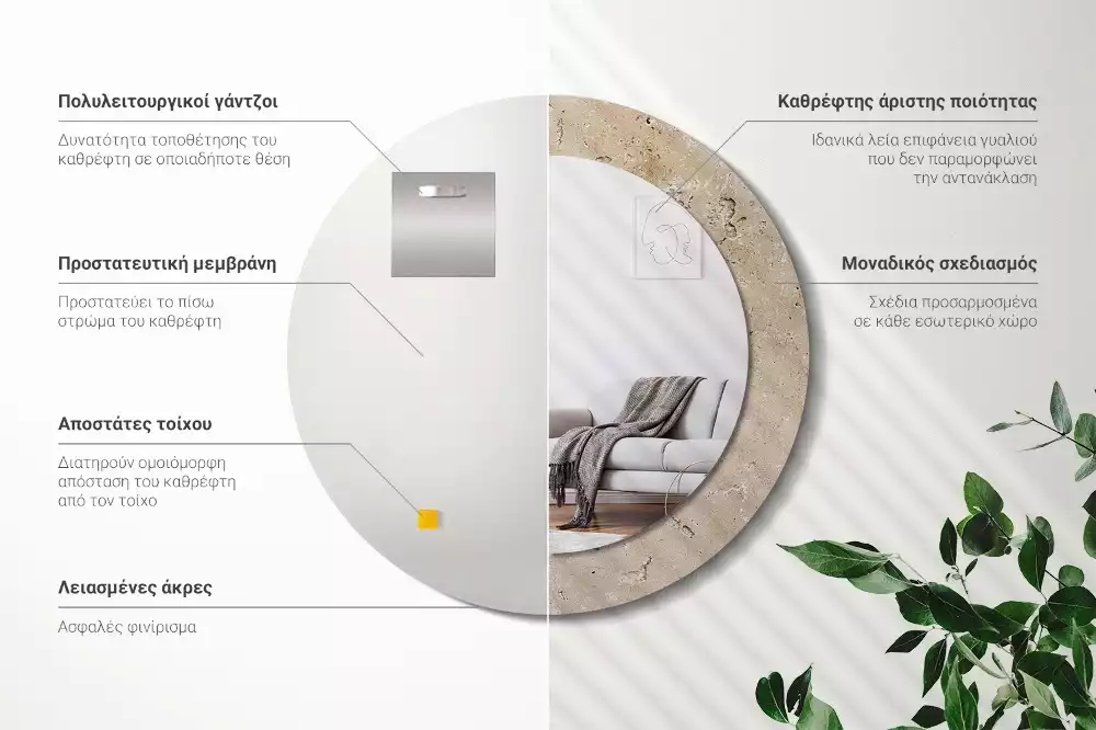 Miroir rond cadre avec impression Imitation pierre