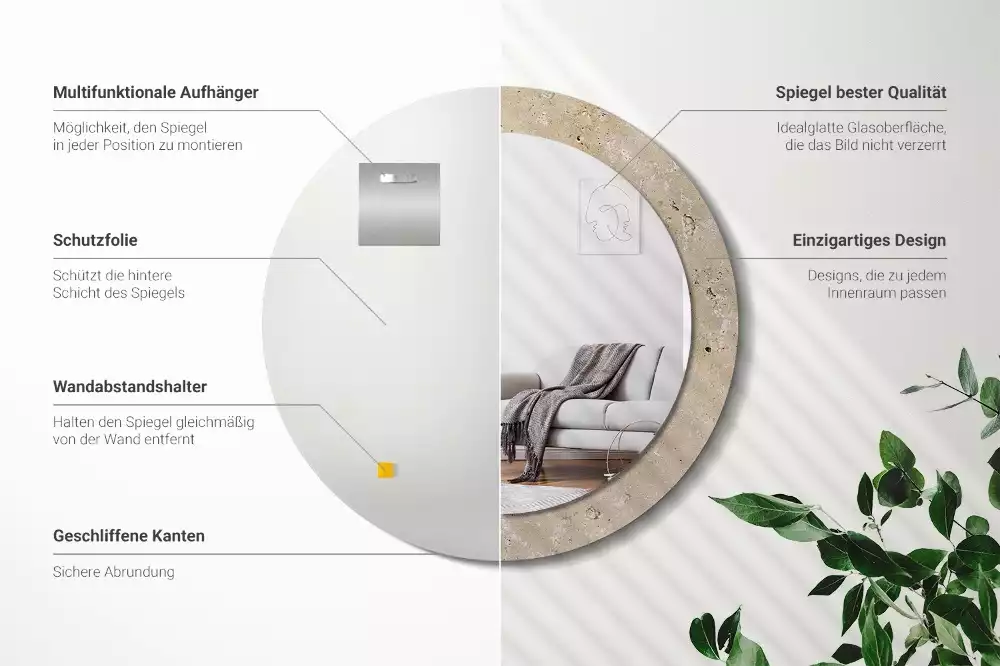 Miroir rond cadre avec impression Imitation pierre