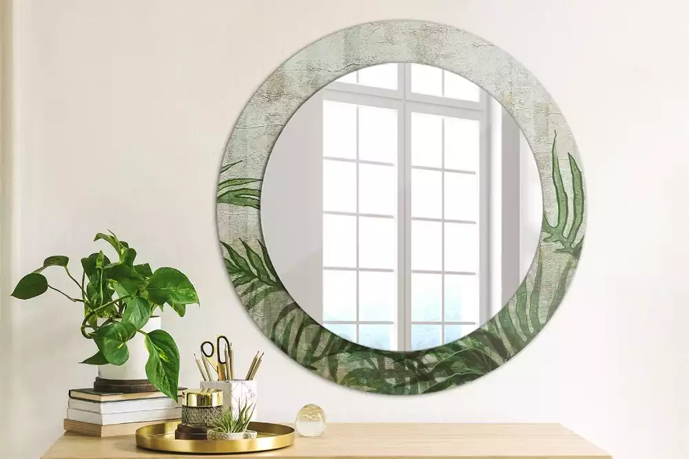 Miroir rond cadre avec impression Feuilles de fougère