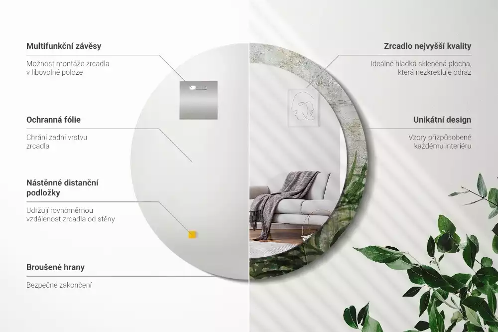 Miroir rond cadre avec impression Feuilles de fougère