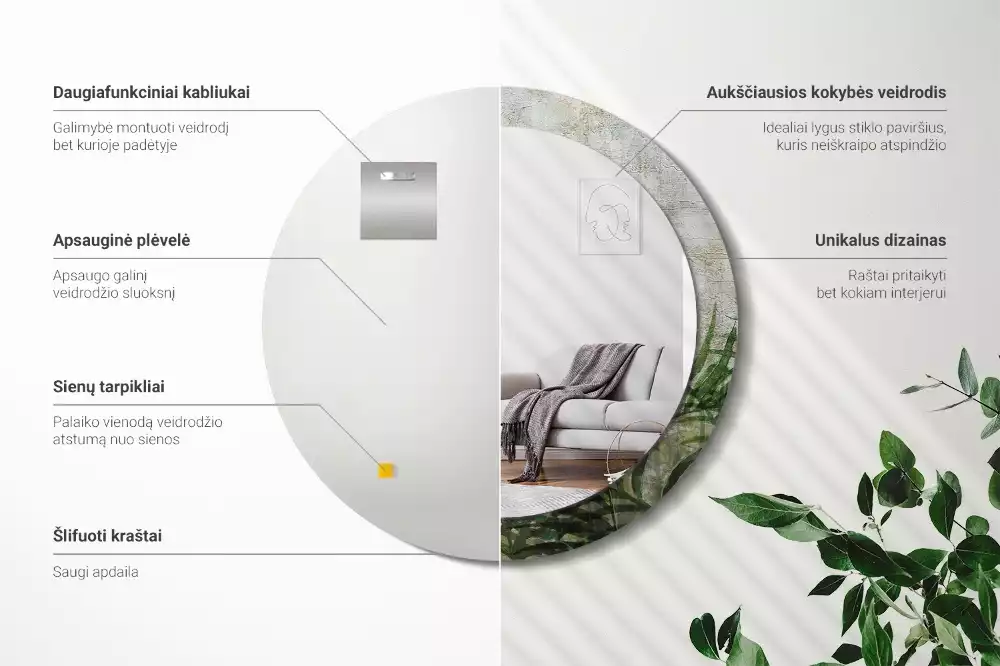 Miroir rond cadre avec impression Feuilles de fougère