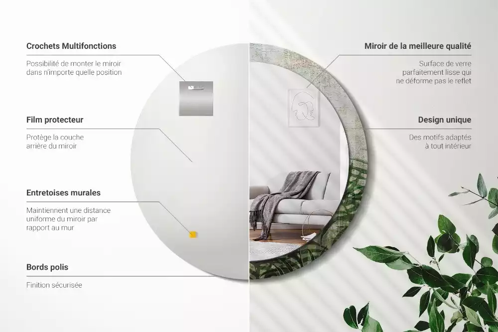Miroir rond cadre avec impression Feuilles de fougère