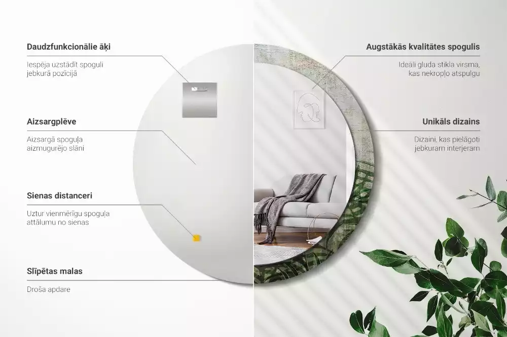 Miroir rond cadre avec impression Feuilles de fougère