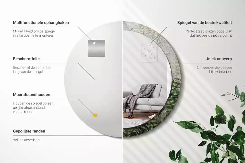 Miroir rond cadre avec impression Feuilles de fougère