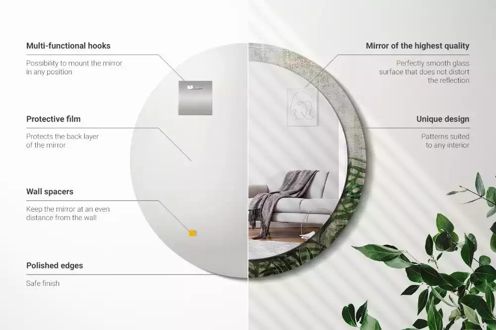 Miroir rond cadre avec impression Feuilles de fougère