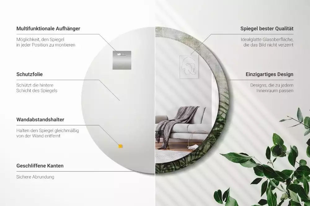 Miroir rond cadre avec impression Feuilles de fougère