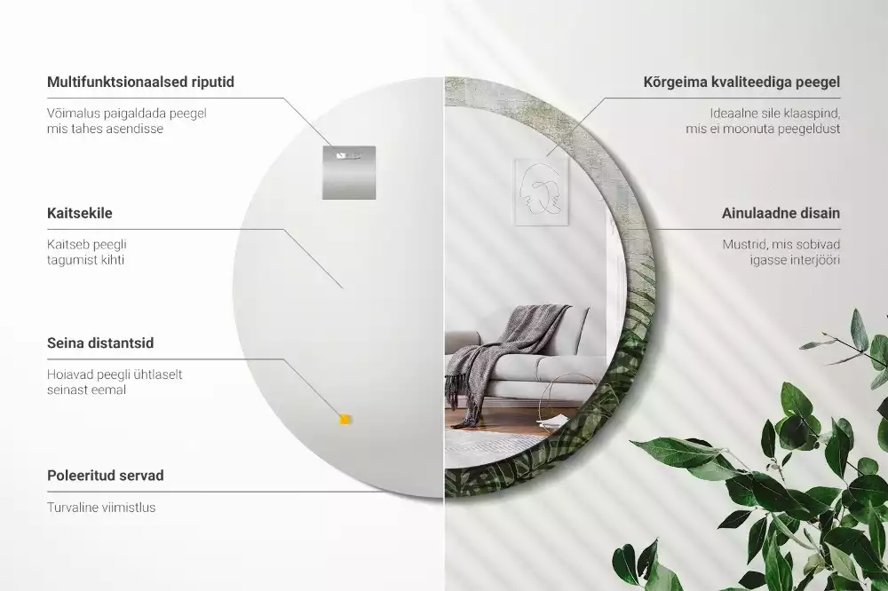 Miroir rond cadre avec impression Feuilles de fougère