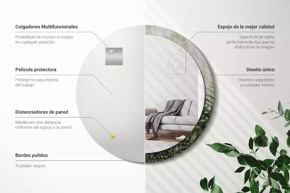 Miroir rond cadre avec impression Feuilles de fougère