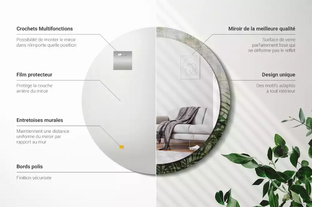 Miroir rond cadre avec impression Feuilles de fougère