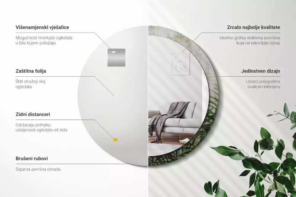 Miroir rond cadre avec impression Feuilles de fougère