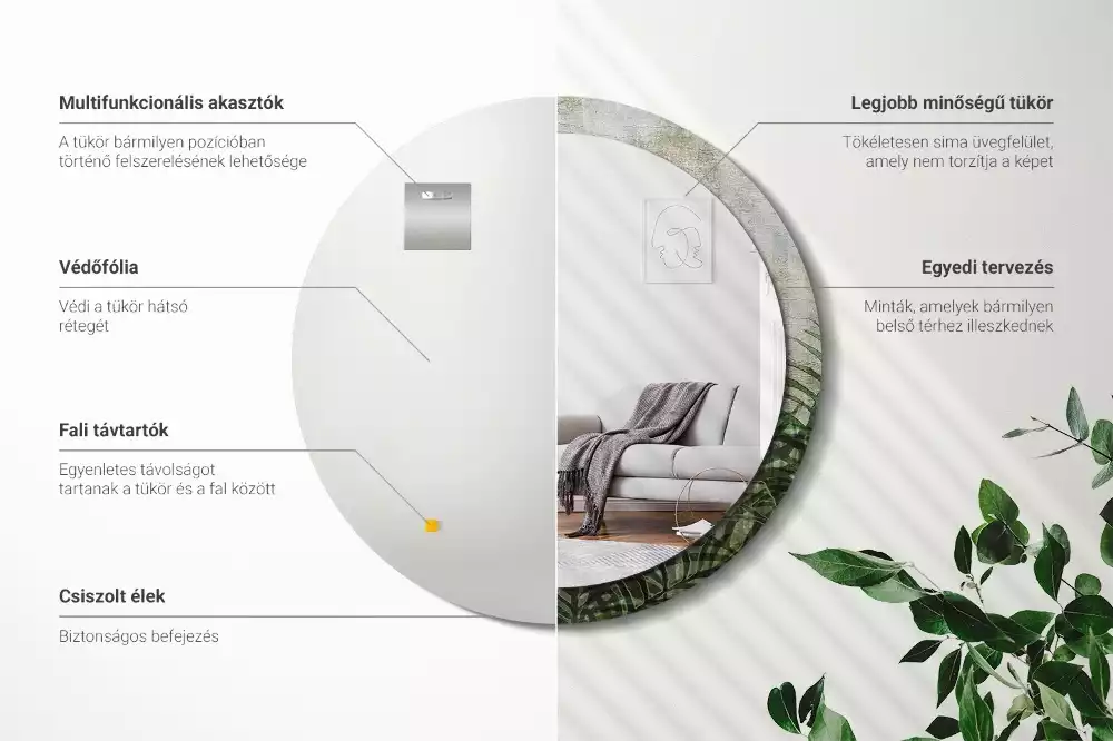 Miroir rond cadre avec impression Feuilles de fougère