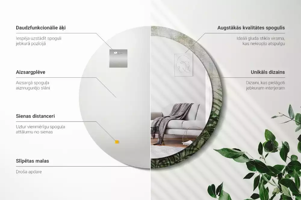 Miroir rond cadre avec impression Feuilles de fougère