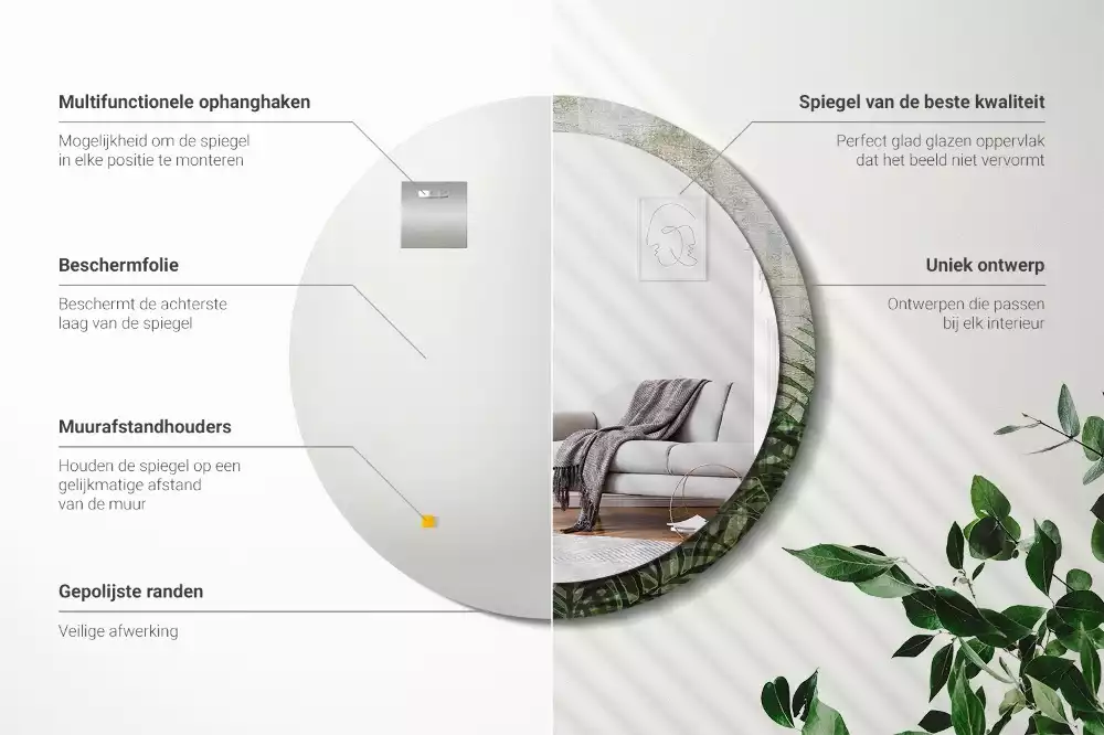 Miroir rond cadre avec impression Feuilles de fougère