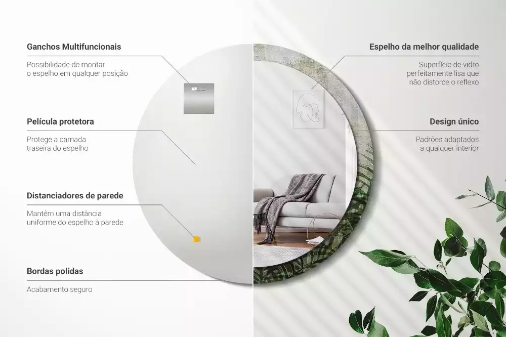 Miroir rond cadre avec impression Feuilles de fougère