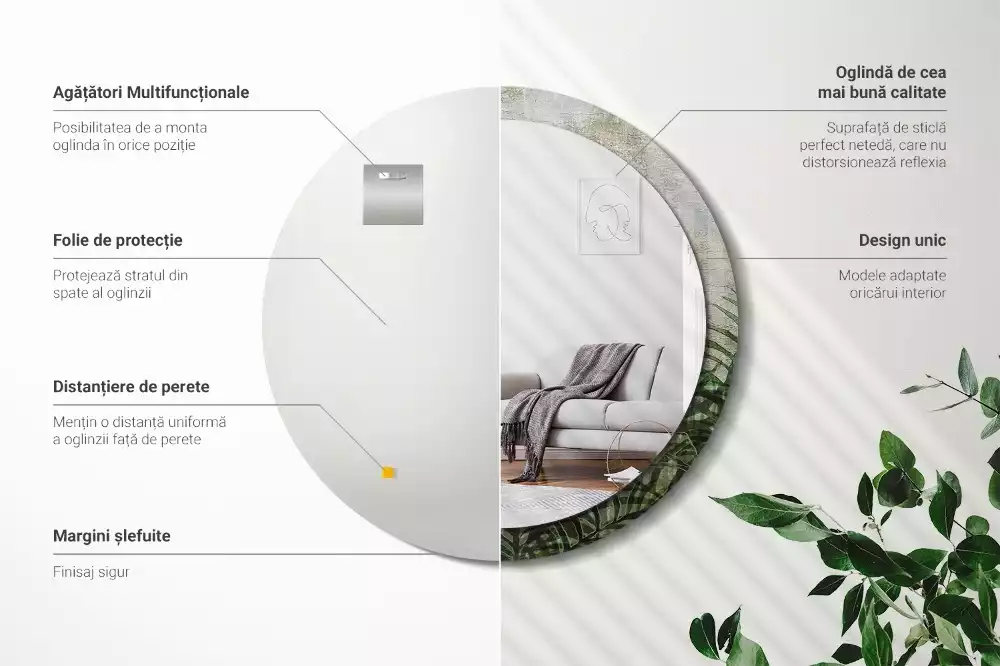 Miroir rond cadre avec impression Feuilles de fougère