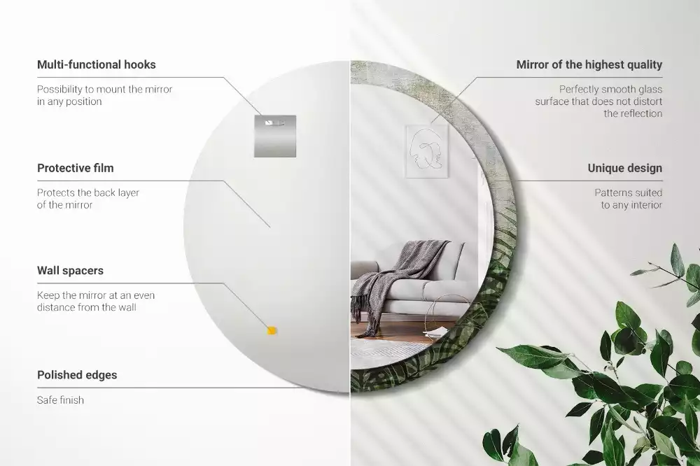 Miroir rond cadre avec impression Feuilles de fougère