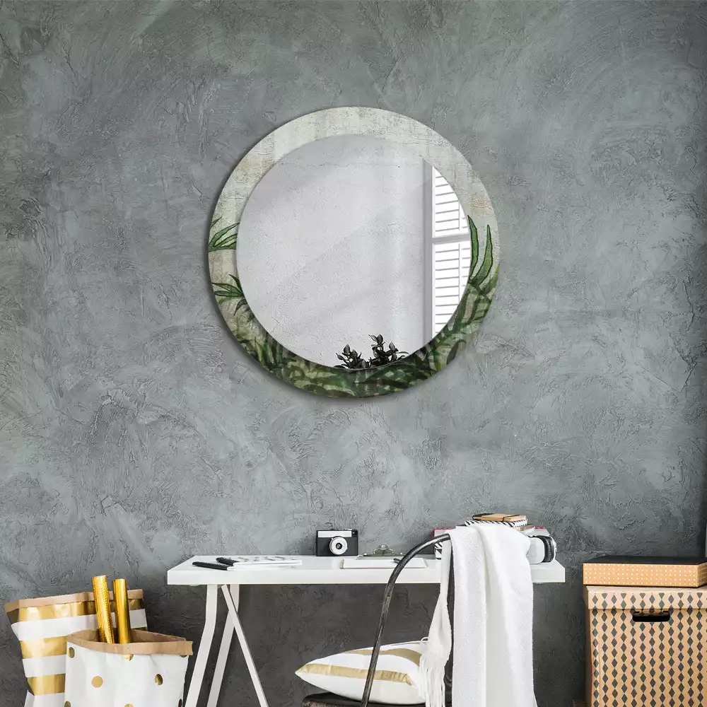 Miroir rond cadre avec impression Feuilles de fougère