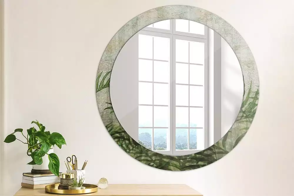 Miroir rond cadre avec impression Feuilles de fougère