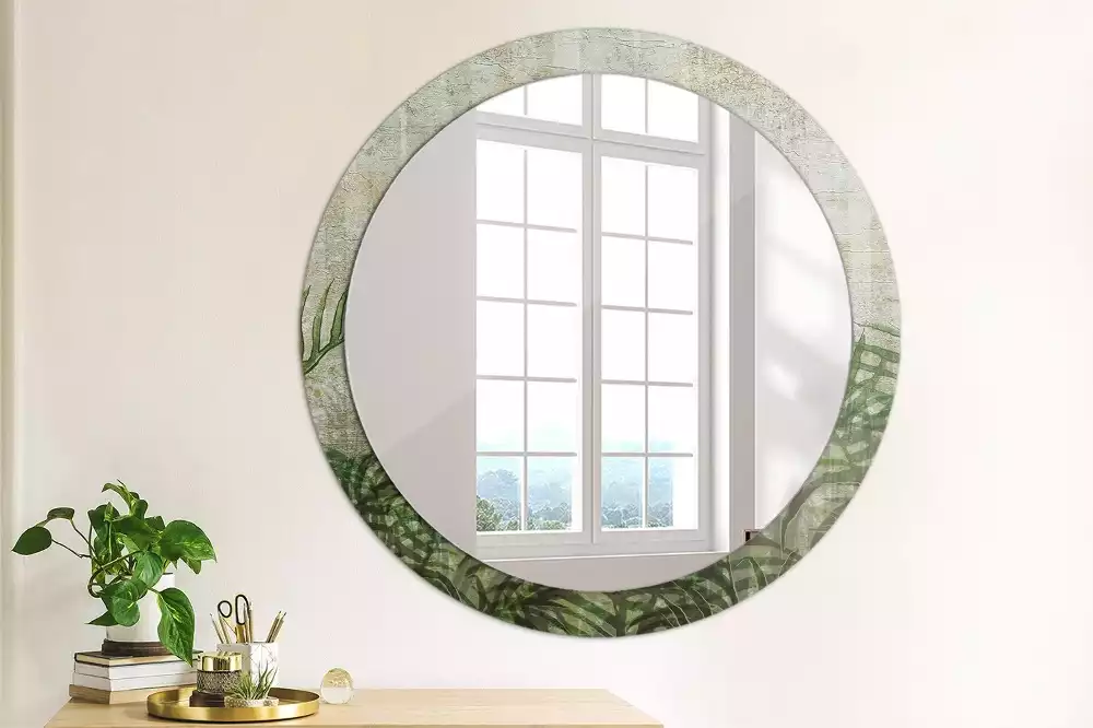 Miroir rond cadre avec impression Feuilles de fougère