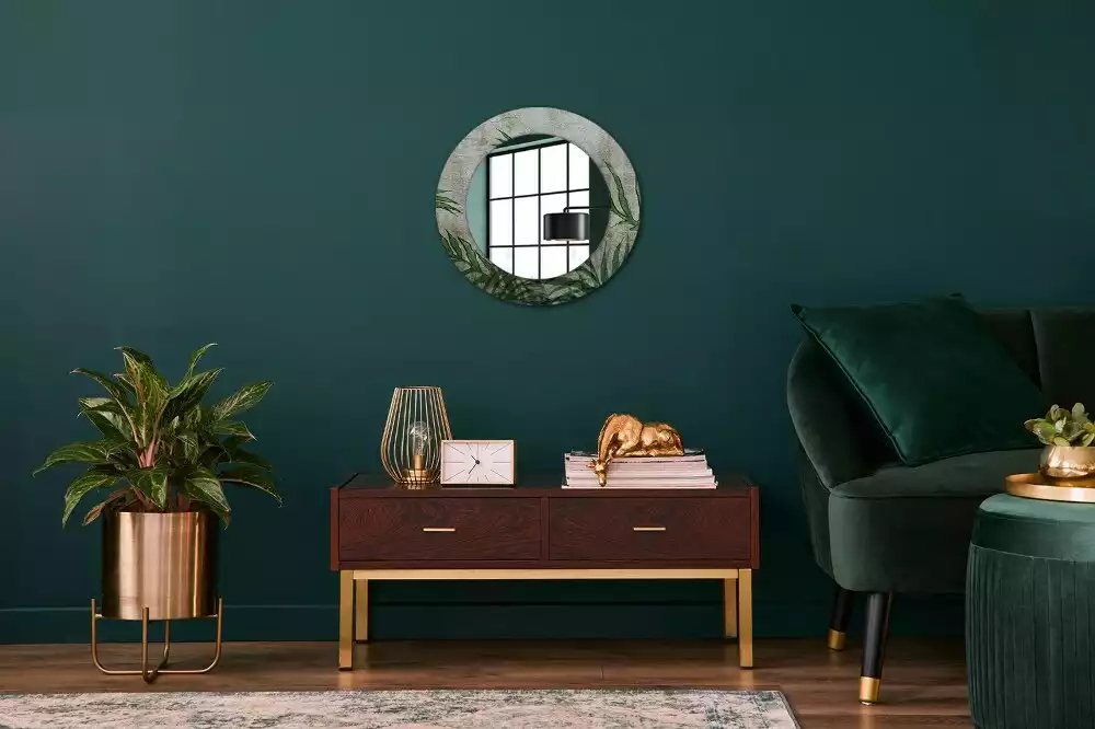 Miroir rond cadre avec impression Feuilles de fougère