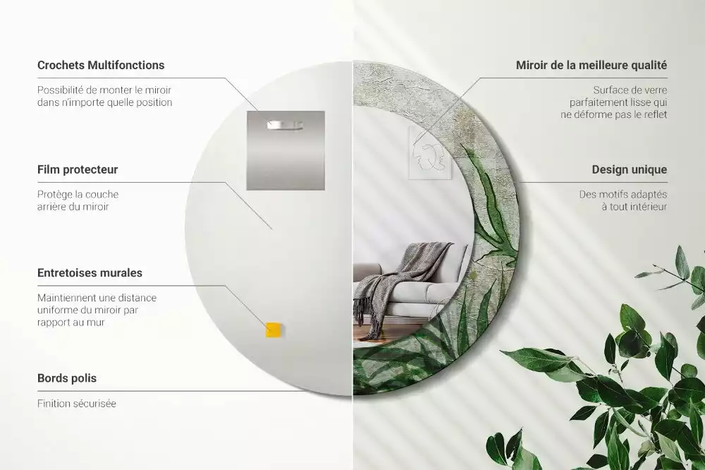 Miroir rond cadre avec impression Feuilles de fougère