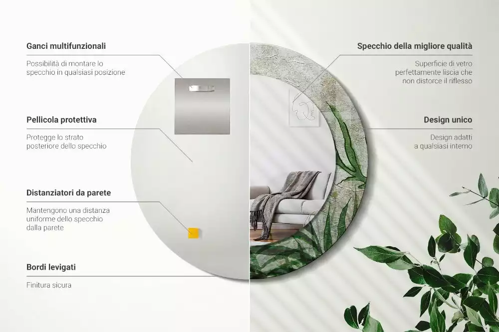 Miroir rond cadre avec impression Feuilles de fougère