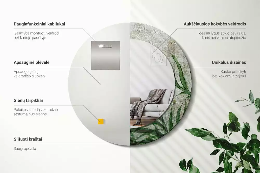 Miroir rond cadre avec impression Feuilles de fougère