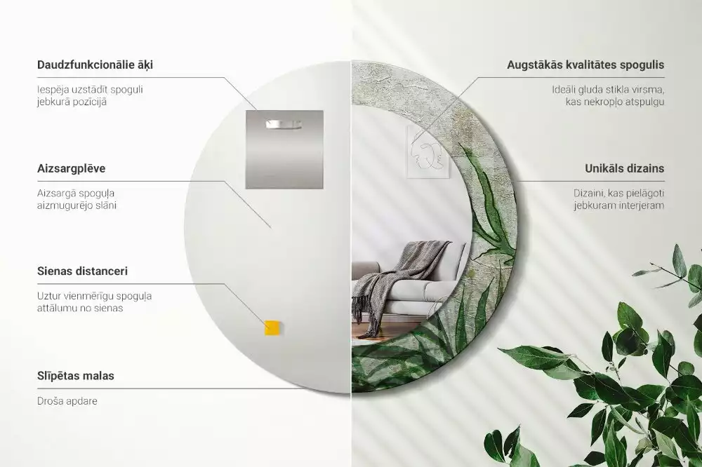 Miroir rond cadre avec impression Feuilles de fougère