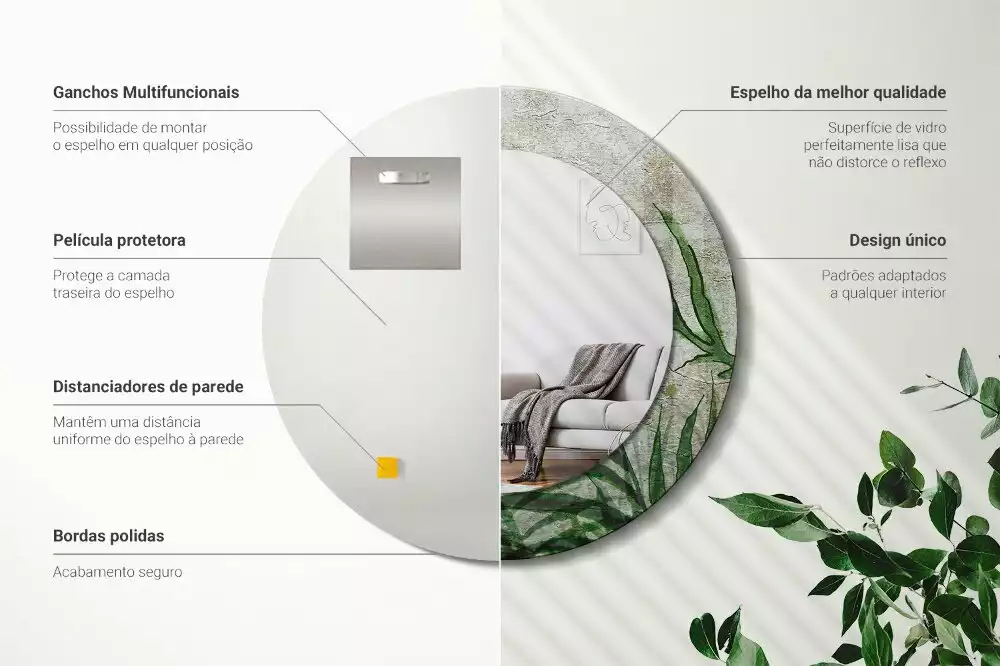 Miroir rond cadre avec impression Feuilles de fougère