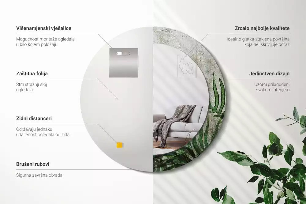 Miroir rond cadre avec impression Feuilles de fougère