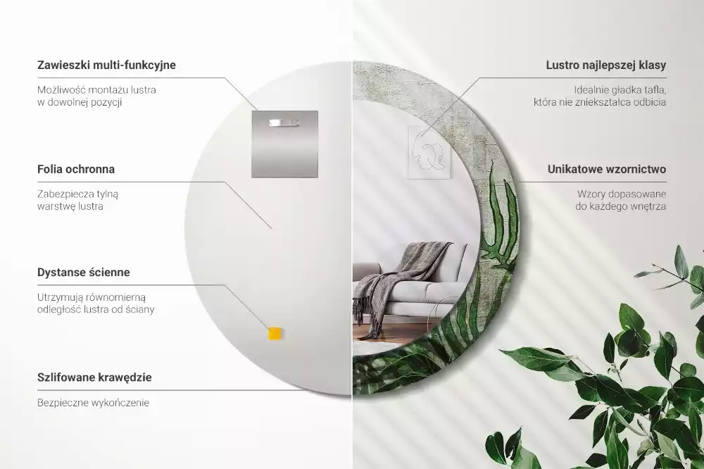 Miroir rond cadre avec impression Feuilles de fougère