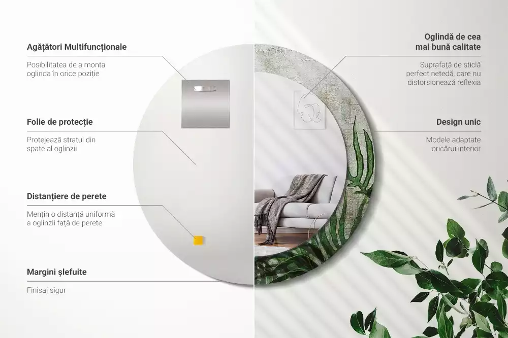 Miroir rond cadre avec impression Feuilles de fougère