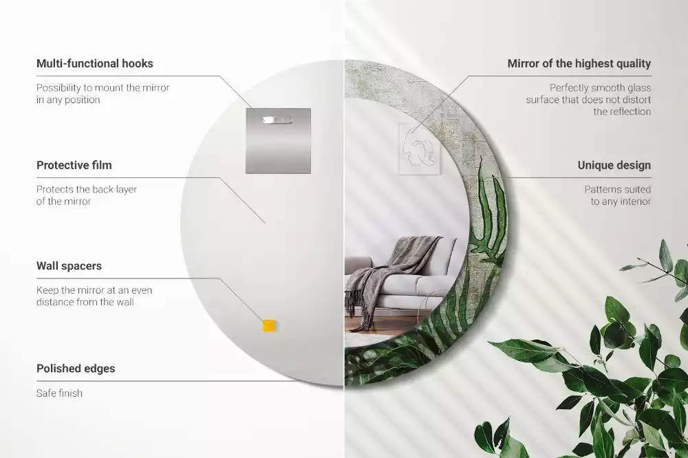 Miroir rond cadre avec impression Feuilles de fougère