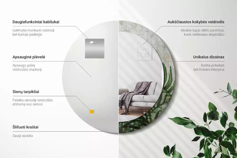 Miroir rond cadre avec impression Feuilles de fougère