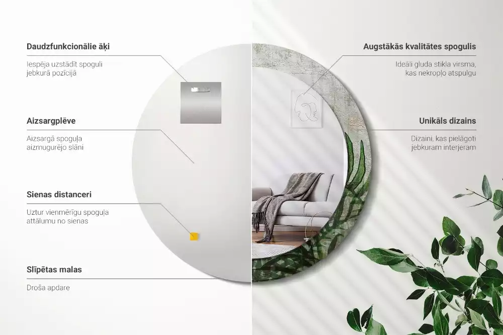 Miroir rond cadre avec impression Feuilles de fougère