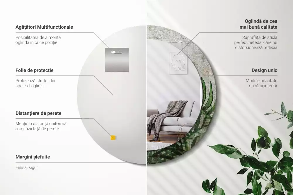 Miroir rond cadre avec impression Feuilles de fougère