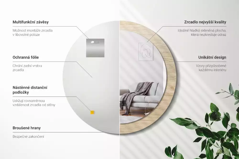 Miroir rond cadre avec impression Bois clair