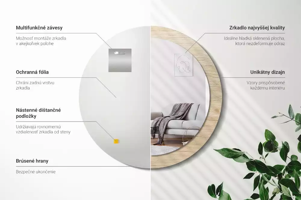 Miroir rond cadre avec impression Bois clair