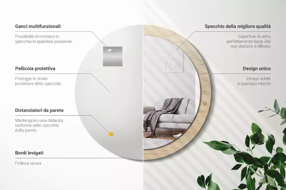 Miroir rond cadre avec impression Bois clair