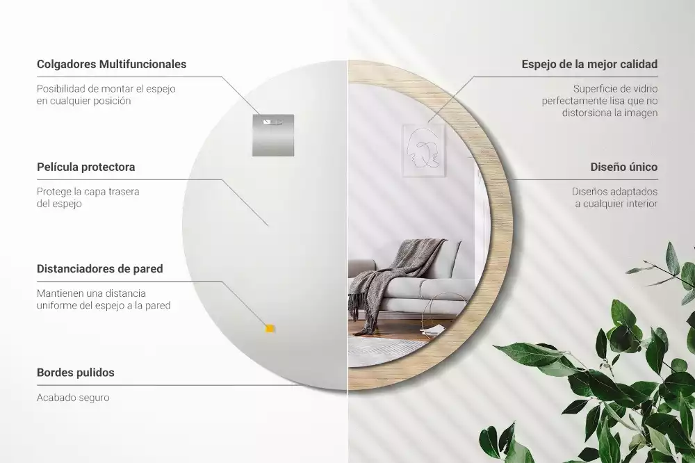 Miroir rond cadre avec impression Bois clair