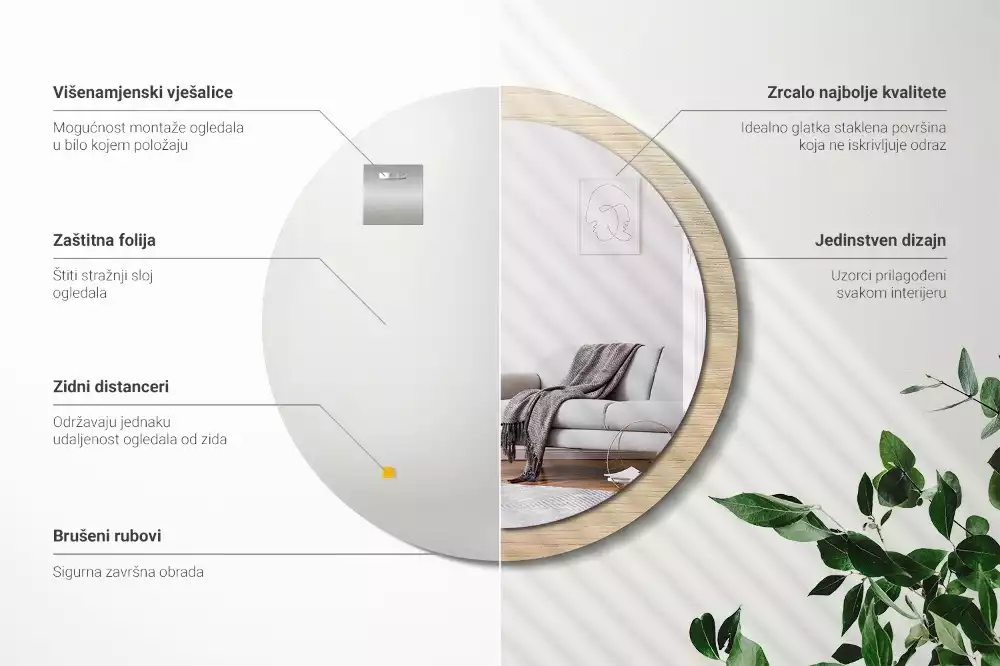 Miroir rond cadre avec impression Bois clair