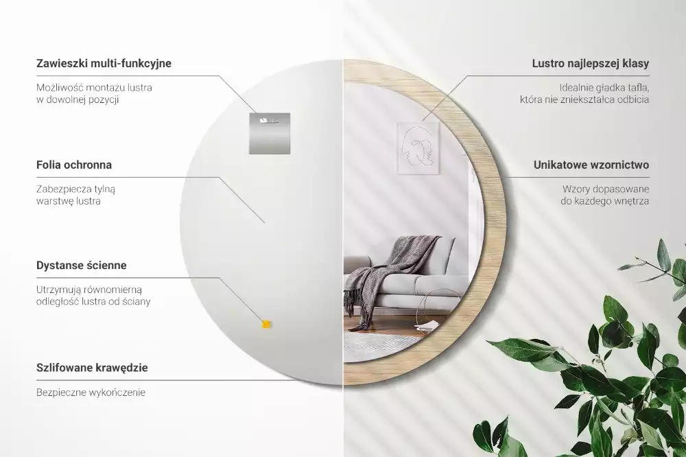 Miroir rond cadre avec impression Bois clair