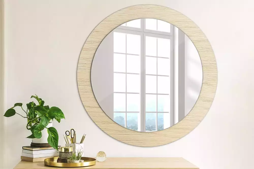 Miroir rond cadre avec impression Bois clair