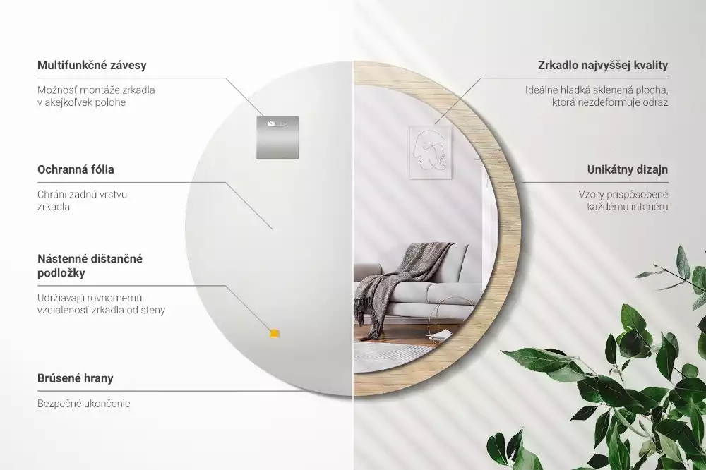 Miroir rond cadre avec impression Bois clair