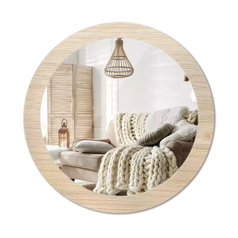 Miroir rond cadre avec impression Bois clair