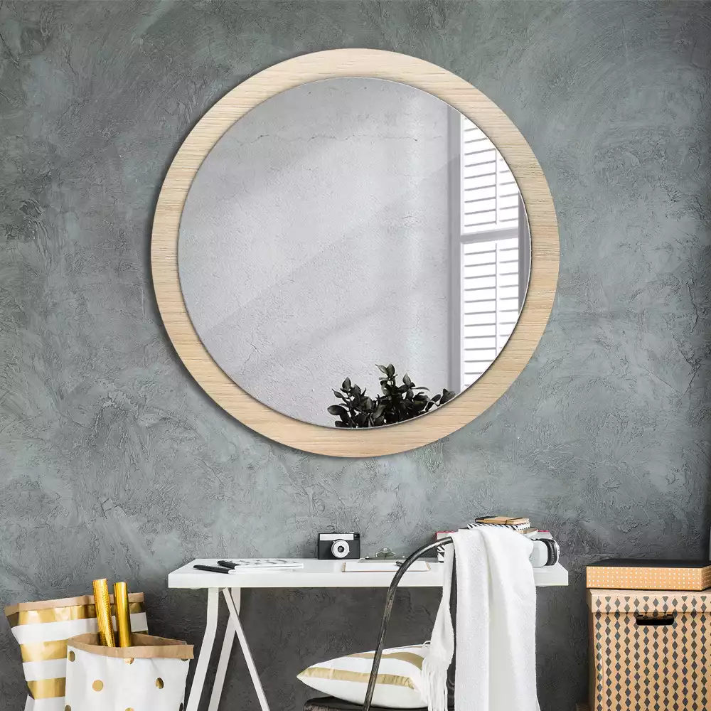 Miroir rond cadre avec impression Bois clair