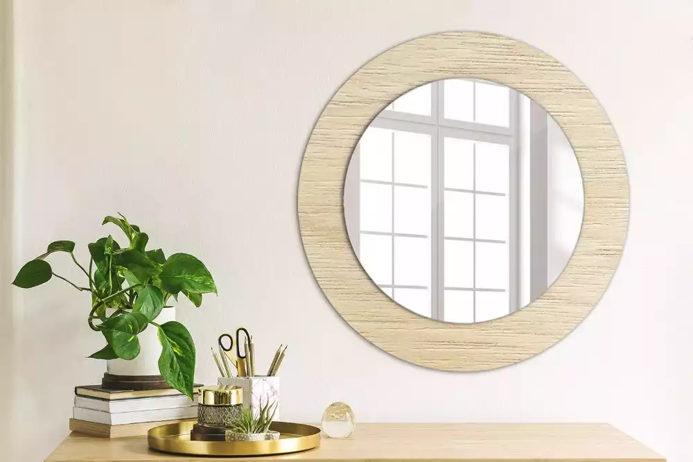 Miroir rond cadre avec impression Bois clair