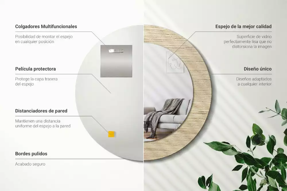 Miroir rond cadre avec impression Bois clair