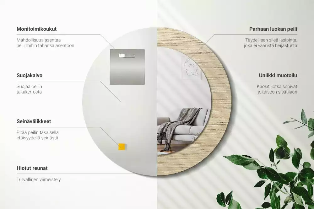 Miroir rond cadre avec impression Bois clair