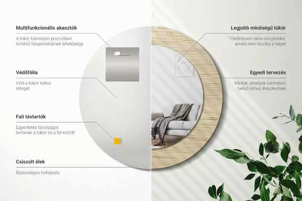 Miroir rond cadre avec impression Bois clair